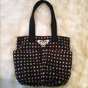 Roxy black multi color poka dots tote bags